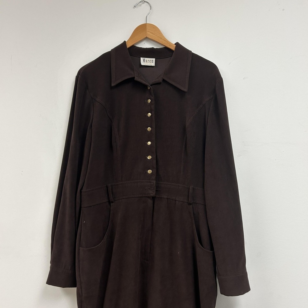 Vintage Maren Dress Womens 14 Brown Collared Long Sleeve Shirt Midi Button Front